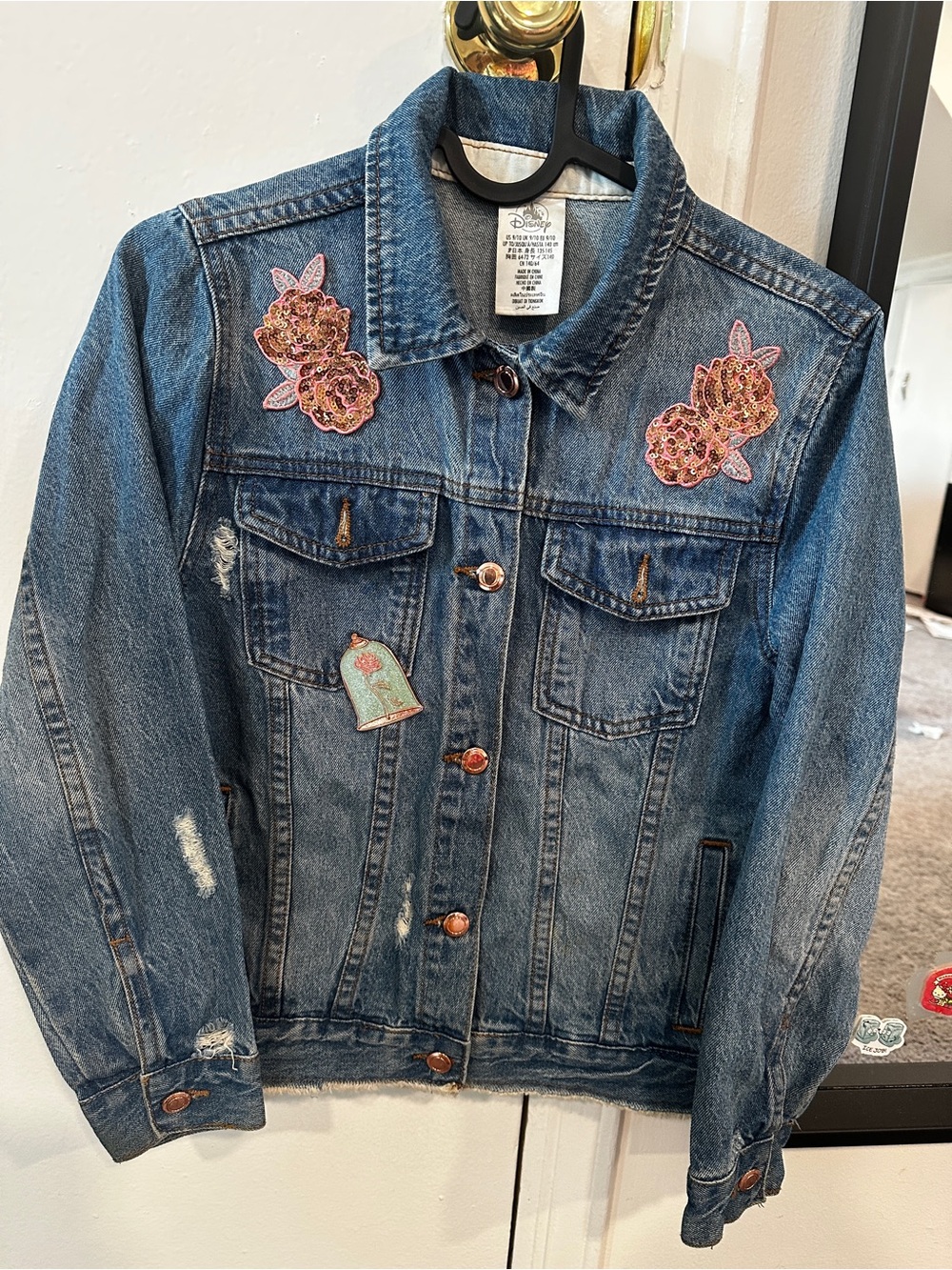 Disney Blue Denim Jacket with Pink Floral Patches
